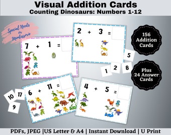 Dinosaur Addition Flash Cards: Visual Math, Montessori (Printable PDF)