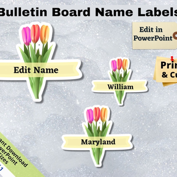 Spring Tulips, Editable Student Name Tags PRINTABLES, Classroom Bulletin Board Décor, Door Name Labels Bunting, Sticker sheet template