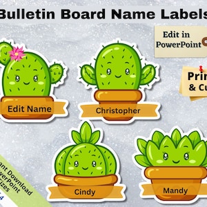 Lindo cactus, etiquetas de nombre de estudiante editables IMPRIMIBLES, decoración del tablón de anuncios del aula, empavesado de etiquetas de nombre de puerta, plantilla de hoja de pegatinas