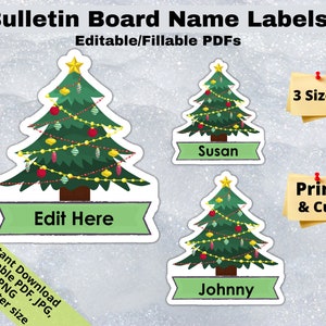 May include: Three printable Christmas tree name tags with editable text fields. The tags feature green trees with red and gold ornaments and lights. The text fields say "Edit Here", "Susan", and "Johnny".