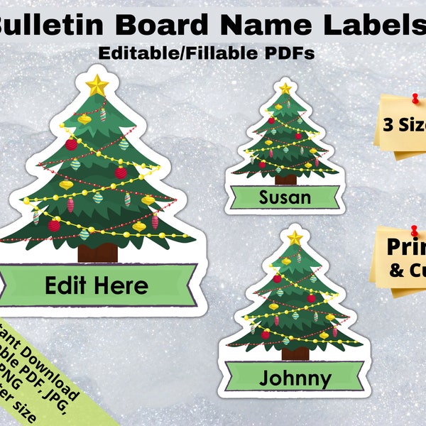 Christmas Tree, Editable Student Name Tags PRINTABLES, Classroom Bulletin Board Décor, Door Name Labels Bunting, Sticker sheet template