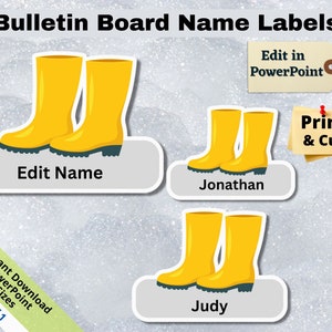 May include: Set of three printable name tags featuring yellow rain boots. The tags are designed to be edited in PowerPoint and printed. The text on the tags reads "Edit Name", "Jonathan", and "Judy".