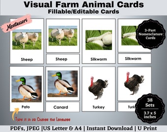 Farm Animals Flashcards: Montessori 3-Part Cards (Printable Editable)