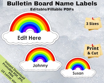 Rainbow cloud, Editable Student Name Tags PRINTABLES, Classroom Bulletin Board Décor, Door Name Labels Bunting, Sticker sheet template