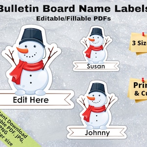 Snowman Winter, Editable Student Name Tags PRINTABLES, Classroom Bulletin Board Décor, Door Name Labels Bunting, Sticker sheet template