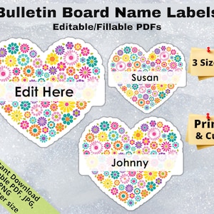Herz Blumen, bearbeitbare Namensschilder für Schüler PRINTABLES, Klassenzimmer-Pinnwand-Dekor, Tür-Namensetiketten, Wimpelkette, Aufklebervorlage