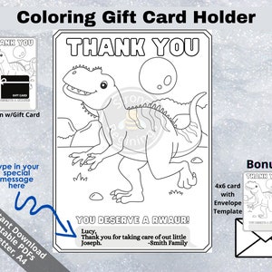 Thank you Coloring gift card holder, PRINTABLE Teacher thank you gift, Teacher appreciation, Teacher birthday, Editable message, Dinosaur