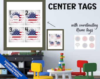 Center Tags Flags Fireworks Printable | Classroom Label Tag Decor | Child name labels | Activity marker label | Preschool | Patriotic |SB001