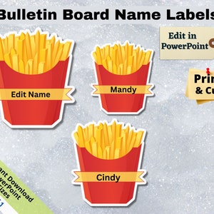 Pommes Frites, bearbeitbare Namensschilder für Schüler PRINTABLES, Klassenzimmer-Pinnwand-Dekor, Tür-Namensetiketten, Aufkleberblattvorlage