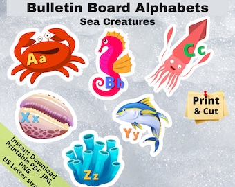 Sea Creatures Alphabets, Bulletin Board, Memory Cards, Bunting Letters, Alphabet picture cards, classroom decor