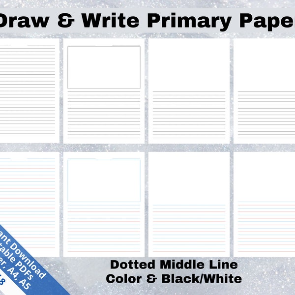primary writing paper with dotted lines Printable Draw and Write PDF, Primary Writing Paper, Digital Lined Paper, Art Storyboard Page, Writing Paper, Notebook Journal Page, Pre K-2