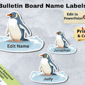 Könnte beinhalten: Drei druckbare Pinguin-Namensschilder mit einer blauen und weißen Pinguin-Illustration auf einem blauen und weißen Eis-Hintergrund. Die Namensschilder sind in PowerPoint bearbeitbar und lauten "Edit Name", "Jonathan" und "Judy".