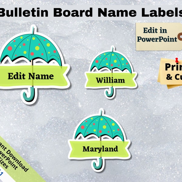 Teal Umbrella, Editable Student Name Tags PRINTABLES, Classroom Bulletin Board Décor, Door Name Labels Bunting, Sticker sheet template