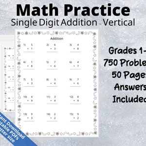 Math Addition Single Digit Vertical | Printable | Math Practice | Math Problems Timed Drills | Grades 1-3 | SB004