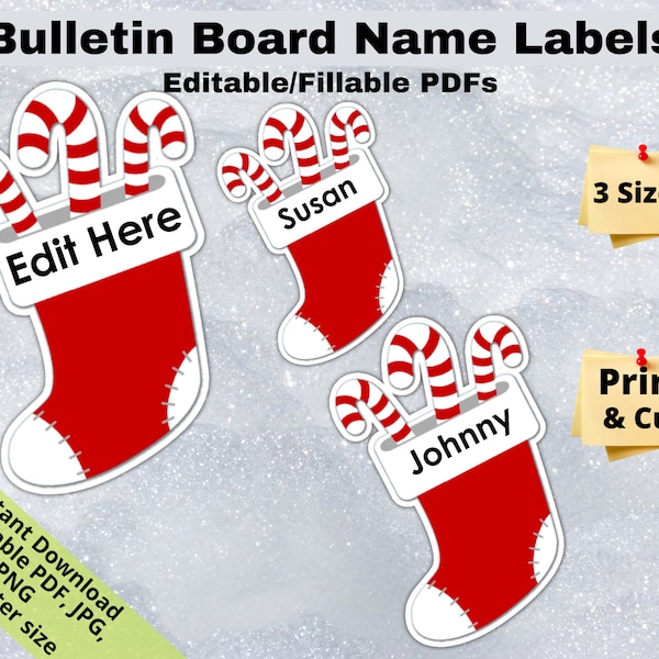Christmas Stocking, Editable Student Name Tags PRINTABLES, Classroom Bulletin Board Décor, Door Name Labels Bunting, Sticker sheet template
