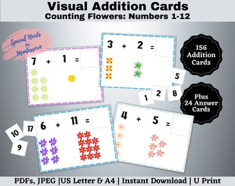 Flower Visual Addition Flash Cards: Montessori Math (Printable PDF)