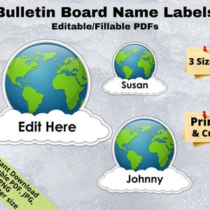 Earth Globe World, bearbeitbare Studentennamenschilder PRINTABLES, Klassenzimmer-Bulletin-Board-Dekor, Türnamenetiketten Wimpelkette, Aufkleberblattvorlage