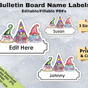 Gnomes, Editable Student Name Tags PRINTABLES, Classroom Bulletin Board Décor, Door Name Labels Bunting, Sticker sheet template