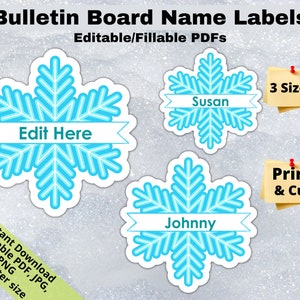 Snowflake winter, Editable Student Name Tags PRINTABLES, Classroom Bulletin Board Décor, Door Name Labels Bunting, Sticker sheet template