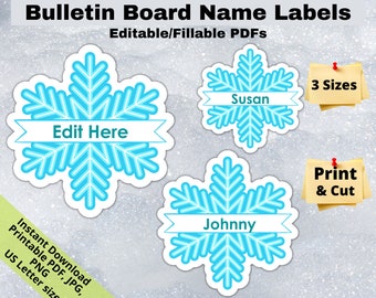 Snowflake winter, Editable Student Name Tags PRINTABLES, Classroom Bulletin Board Décor, Door Name Labels Bunting, Sticker sheet template