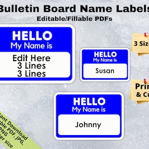 Blue Hello My Name is, Editable Student Name Tags PRINTABLES, Classroom Bulletin Board Décor, Door Name Labels, Bunting Sticker sheet