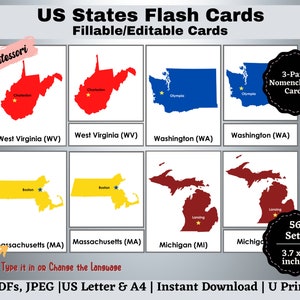 US States Flashcards Printable, Editable Montessori Nomenclature 3-Part Cards, Special Needs with Real Pictures, Visual Learners, Preschool