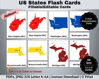 US States Flashcards: Montessori Nomenclature Cards (Printable Editable)