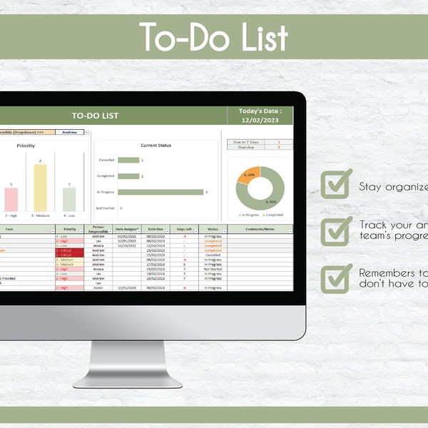 To-Do List Template | Team and Individual | Productivity | Daily Task Tracker Planner | Simple Graphs Dashboard | Digital | Editable | Excel