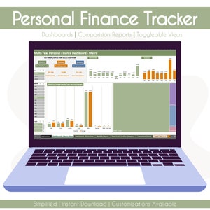 May include: A laptop computer displaying a personal finance tracker dashboard with charts and graphs. The dashboard includes a multi-year personal finance dashboard, key highlights for the selected year, monthly comparison by type against average change, and a filter control by category. The title of the dashboard is "Personal Finance Tracker" and the subtitle is "Dashboards | Comparison Reports | Toggleable Views".