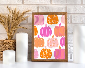 Afdrukbare herfst kunst aan de muur Preppy girly oranje roze pompoenen patroon trendy posters moderne retro stijl Thanksgiving herfst kamer decor Halloween