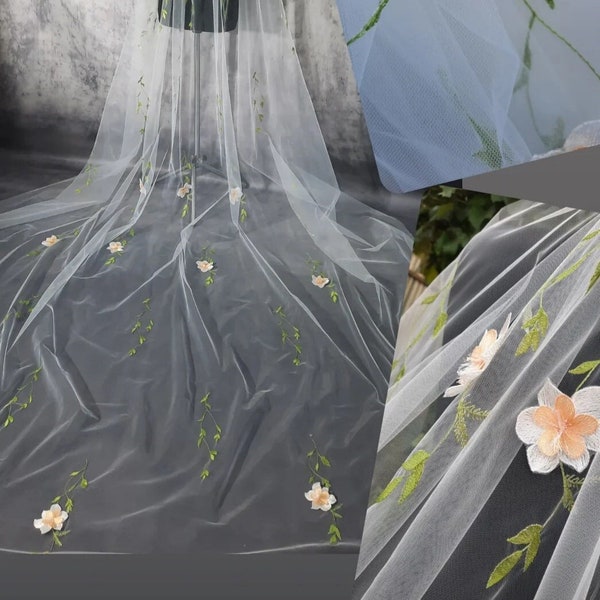Colored flower veil, one tier, in lemon or peach style, long veil with floral embroidery in color