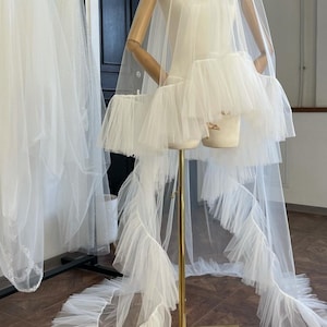 Ruffles wedding Veil and blush, two-tiered veil with ruffles along the edge of a veil made of soft tulle, a trend of 2024 image 1