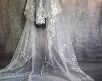 Embroidery floral veil, long flowered veil, cathedral veil, bridal veil, flower lace veil, bohemian wedding veil, beaded floral lace veil