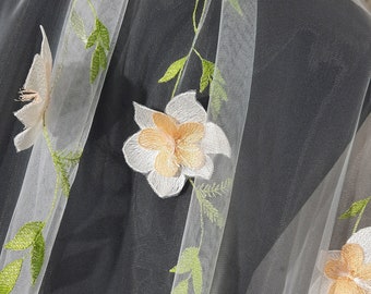 Colored flower veil, one tier, in lemon or peach style, long veil with floral embroidery in color