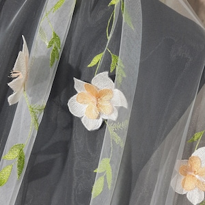 Floral Embroidered Wedding Veil: Lemon or Peach, Long One Tier