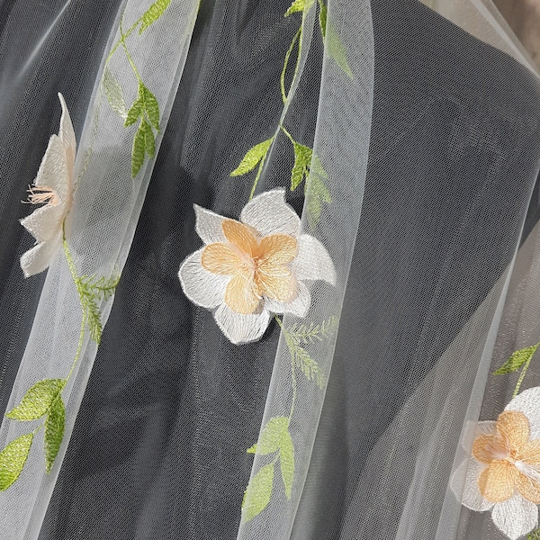 Colored flower veil, one tier, in lemon or peach style, long veil with floral embroidery in color