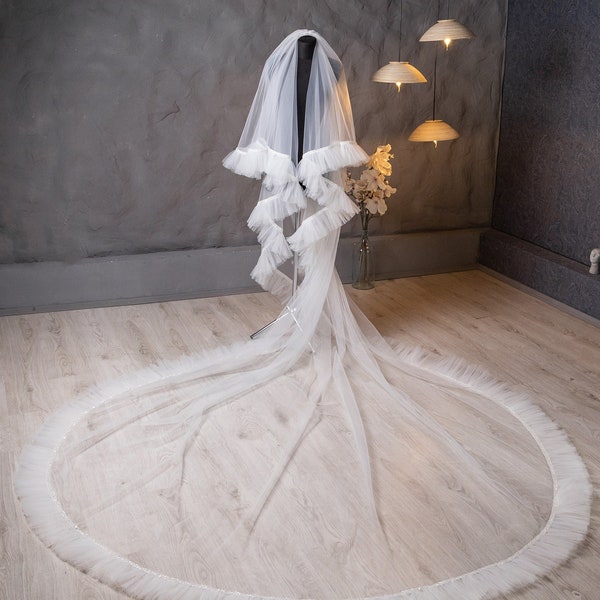 Ruffle wedding veil Frill tulle veil, modern wedding bridal veil, ruffle, lace, modern bohemian bridal veil