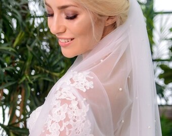 Veil with pearls, soft pearl tulle, bride's tulle, ivory veil