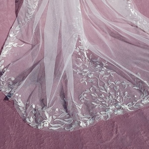 Glamorous Sparkly Veil with Delicate Embroidered Edge and Flowing Train - Stylish Wedding Veil