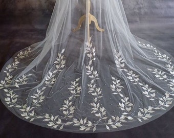 Wedding veil with embroidered leaves in two tiers, Scattered Pearl Blusher Veil, Veil with leaf lace and pearls all over and length