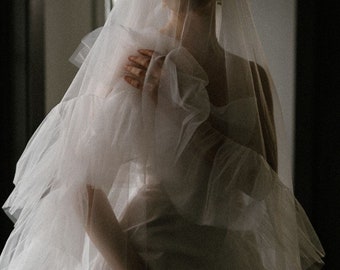 Veil ruffles and blush, two-tiered veil with ruffles along the edge of a veil made of soft tulle, a trend of 2024