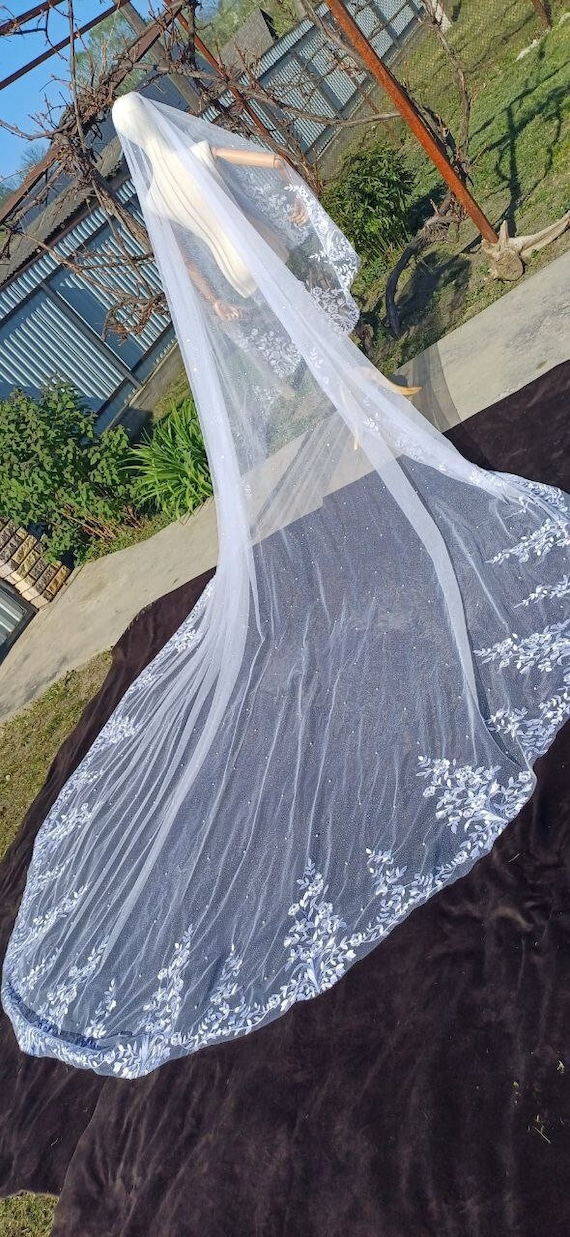 Chic shiny veil. Wedding royal veil with glitter and pearls throughout the veil with floral embroidery