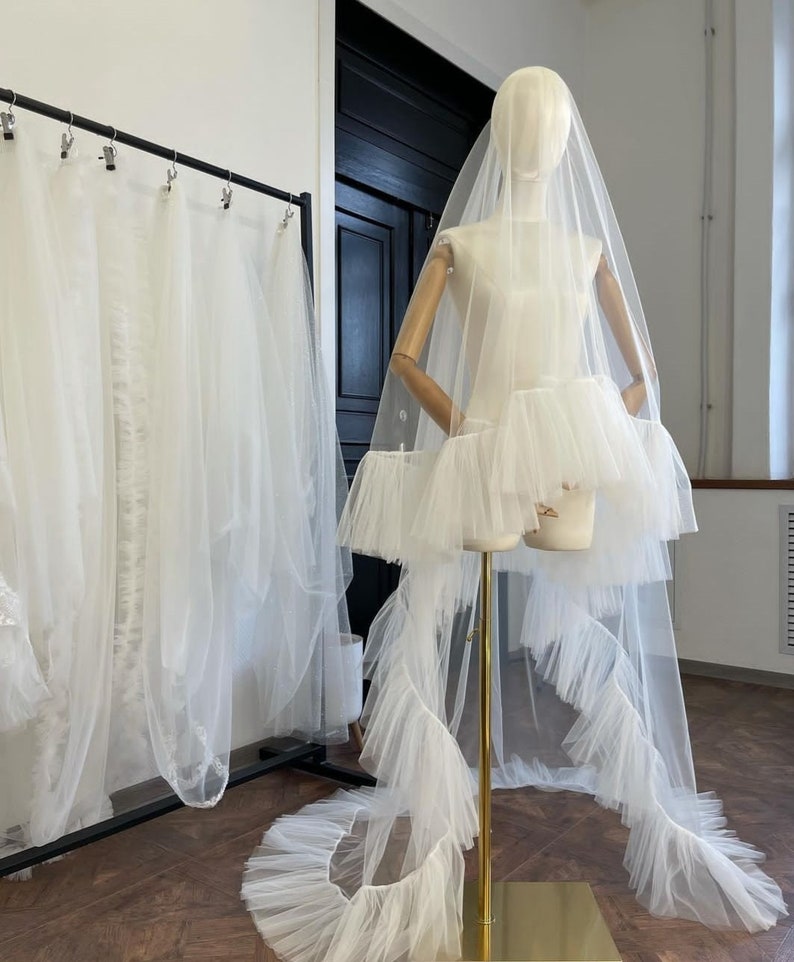 Ruffles wedding Veil and blush, two-tiered veil with ruffles along the edge of a veil made of soft tulle, a trend of 2024 image 6