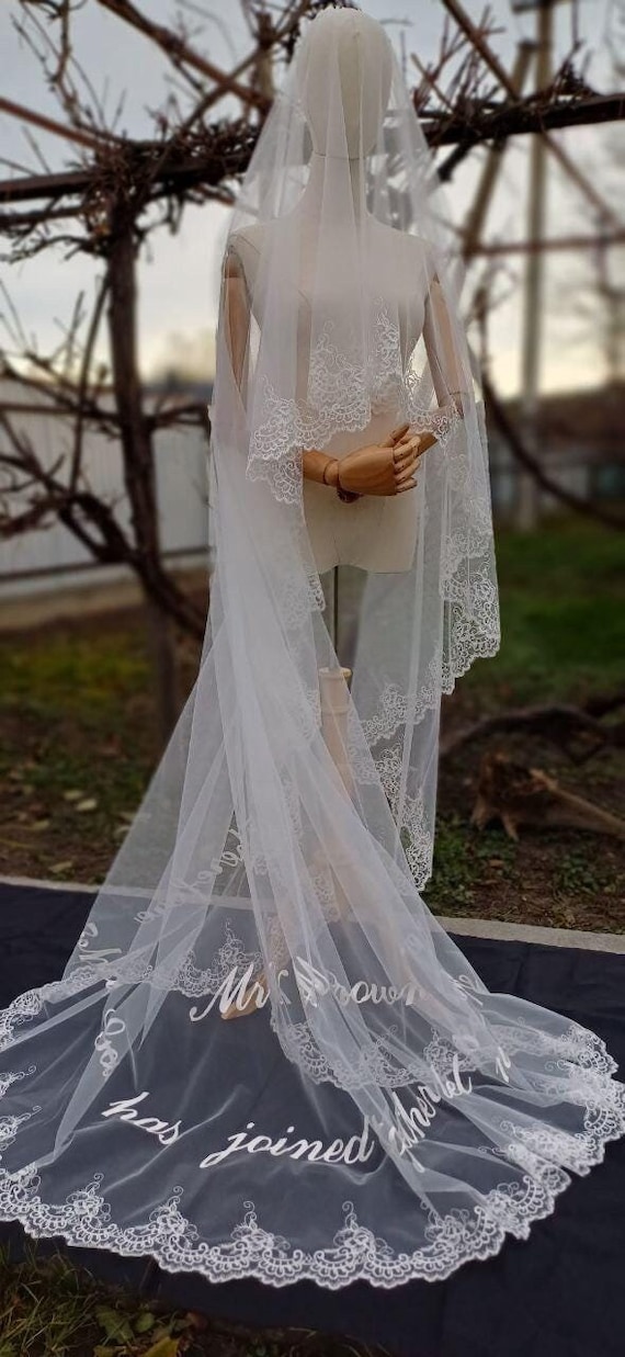 Bridal Veil with Lower Embroidery and Text -Therefore what God has joined together, let no one separate. and initials. Personalized veil.
