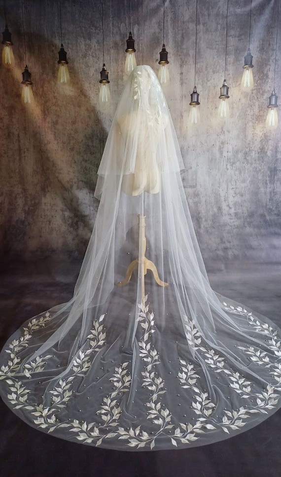 Wedding veil with embroidered leaves in two tiers, Scattered Pearl Blusher Veil, Veil with leaf lace and pearls all over and length