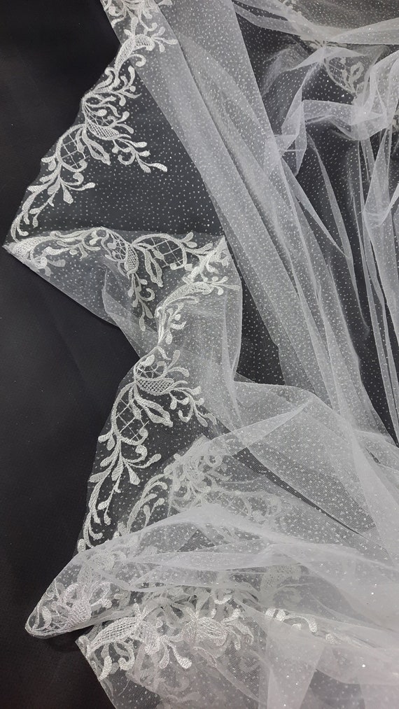 Shiny lace veil, Glitter Two-Tiered Veil, Glitter veil, Embroidered Lace veil, Attached to Comb, Sparkling Glitter & Lace Veil