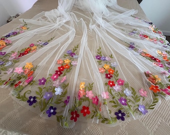 Floral Embroidered Cathedral Bridal Veil: Colorful 3D Flowers