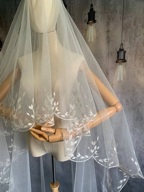 Sparkling Veil, wedding veil  glitter embroidered with leaves along the edge in two tiers long ivory veil