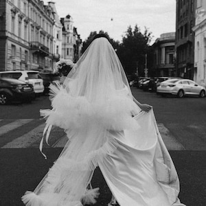 Bridal Veil ruffles and blush, two-tiered veil with ruffles along the edge of a veil made of soft tulle,