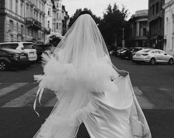 Bridal Veil ruffles and blush, two-tiered veil with ruffles along the edge of a veil made of soft tulle,